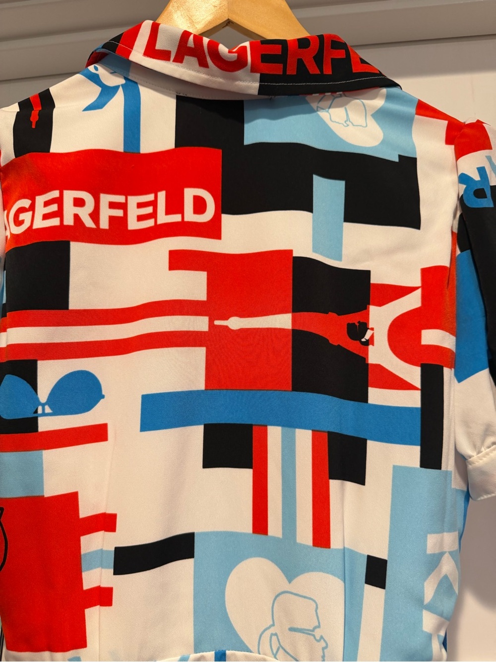 NWT Karl Lagerfeld Logo Print Shirt Dress - Red, Blue, Black, White - Picture 9 of 11